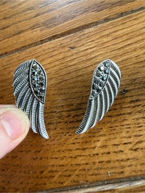 Sterling Silver Tone Wing Stud Earrings with Black Crystal Accents